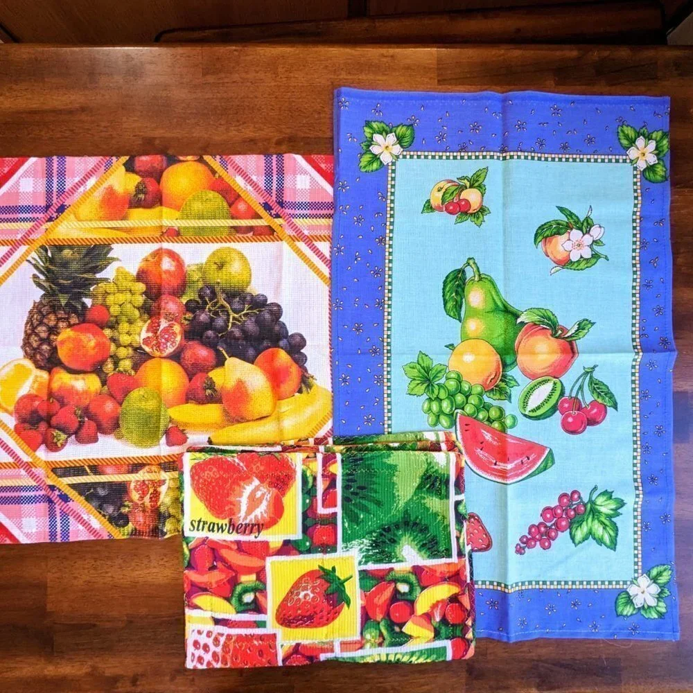 Fruit Theme Kitchen Tea Towel & Pot Holders Set (5pc) 1960s